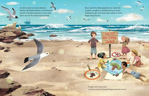 Der schwarze Strand – Bilderbuch ab 5 | Umweltschutz & Earth Day I Blick in Buch: Strand säubern