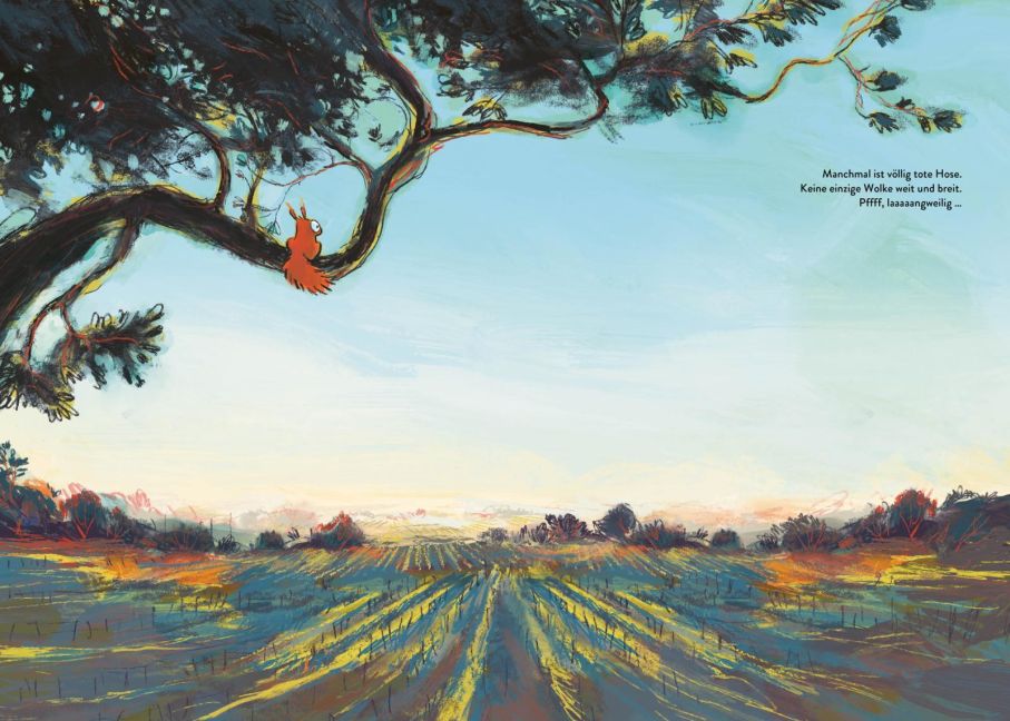 Alfonso und die Wolken – Bilderbuch ab 5 | Juliane empfiehlt I Blick in Buch: Eichhörnchen Alfonso beobachtet den Himmel