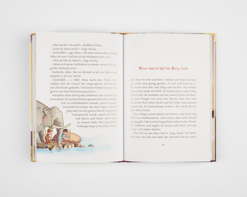 Wir sind nachher wieder da – Vorlesebuch ab 6 Jahren | Abenteuer & Mut | Blick in Buch: Mit dem Elefanten auf das Floß