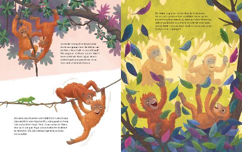 Orang-Utan I Bilderbuch ab 4 – Juliane empfiehlt I Orang-Utan-Kinder spielen in den Baumwipfeln
